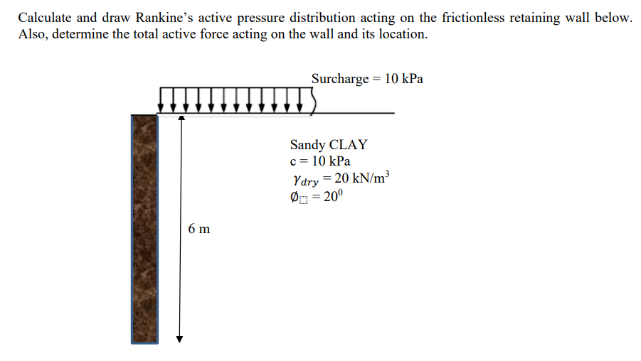 Calculate and draw Rankine's active pressure distribution acting on the frictionless retaining wall below.
Also, determine the total active force acting on the wall and its location.
Surcharge = 10 kPa
Sandy CLAY
c = 10 kPa
Yary = 20 kN/m³
Ø = 20°
6 m
