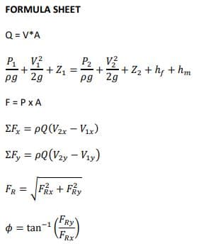 FORMULA SHEET
Q = V*A
P V?
pg 2g
+ Z1
2 +2+ Z2 + h, + hm
pg 2g
F = PxA
EF, = pQ(V2x – V1x)
EF, = pQ(V2y - Vay)
%3D
FR = Fåx + Fhy
FRY
$ = tan
FRX
