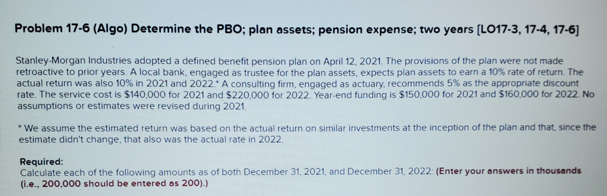 Problem 17-6 (Algo) Determine the PBO; plan assets; pension expense; two years (LO17-3, 17-4, 17-6]
Stanley-Morgan Industries adopted a defined benefit pension plan on April 12, 2021. The provisions of the plan were not made
retroactive to prior years. A local bank, engaged as trustee for the plan assets, expects plan assets to earn a 10% rate of return. The
actual return was also 10% in 2021 and 2022.* A consulting firm, engaged as actuary, recommends 5% as the appropriate discount
rate. The service cost is $140,000 for 2021 and $220,000 for 2022. Year-end funding is $150,000 for 2021 and $160,000 for 2022. No
assumptions or estimates were revised during 2021.
* We assume the estimated return was based on the actual return on similar investments at the inception of the plan and that, since the
estimate didn't change, that also was the actual rate in 2022.
Required:
Calculate each of the following amounts as of both December 31, 2021, and December 31, 2022: (Enter your answers in thousands
(i.e., 200,000 should be entered as 200).)
