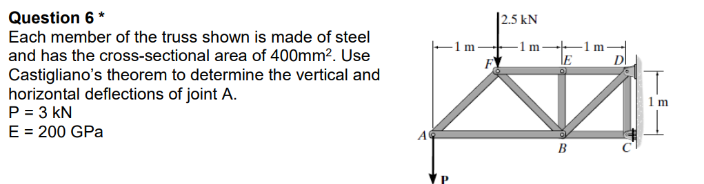 Question 6*
Each member of the truss shown is made of steel
and has the cross-sectional area of 400mm². Use
Castigliano's theorem to determine the vertical and
horizontal deflections of joint A.
P = 3 KN
E = 200 GPa
A
VP
m
F
2.5 kN
1 m.
E
B
-1 m.
D
1 m