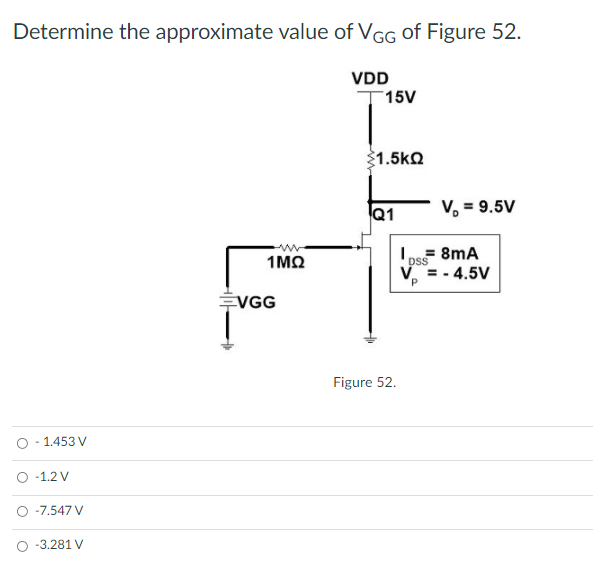 Determine the approximate value of VGG of Figure 52.
VDD
T15V
1.5kQ
Q1
V, = 9.5V
1MQ
= 8mA
DS
V =- 4.5V
EVGG
Figure 52.
1.453 V
-1.2 V
-7.547 V
O -3.281 V
