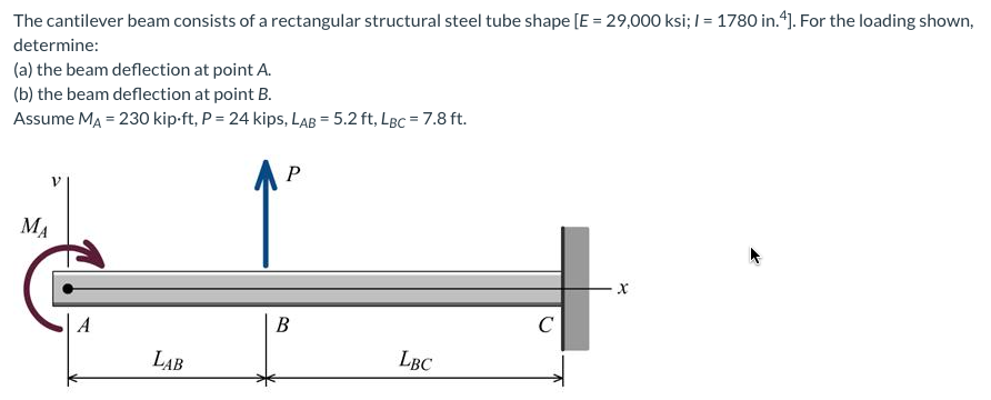 The cantilever beam consists of a rectangular structural steel tube shape [E = 29,000 ksi; I = 1780 in.“]. For the loading shown,
determine:
(a) the beam deflection at point A.
(b) the beam deflection at point B.
Assume MA = 230 kip-ft, P = 24 kips, LAB = 5.2 ft, LBc = 7.8 ft.
%3D
MA
A
В
C
LAB
LBC
