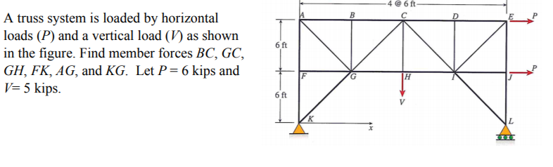 4 @ 6 ft
A truss system is loaded by horizontal
loads (P) and a vertical load (V) as shown
in the figure. Find member forces BC, GC,
GH, FK, AG, and KG. Let P= 6 kips and
V= 5 kips.
6ft
6 ft
