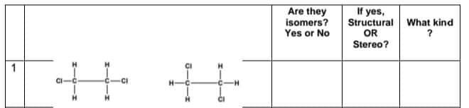 Are they
isomers?
Yes or No
If yes,
Structural What kind
OR
Stereo?
1

