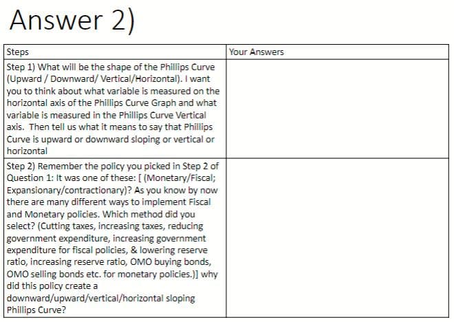 Answer 2)
Steps
Step 1) What will be the shape of the Phillips Curve
(Upward / Downward/ Vertical/Horizontal). I want
you to think about what variable is measured on the
horizontal axis of the Phillips Curve Graph and what
variable is measured in the Phillips Curve Vertical
axis. Then tell us what it means to say that Phillips
Curve is upward or downward sloping or vertical or
horizontal
Step 2) Remember the policy you picked in Step 2 of
Question 1: It was one of these: [ (Monetary/Fiscal;
Expansionary/contractionary)? As you know by now
there are many different ways to implement Fiscal
and Monetary policies. Which method did you
select? (Cutting taxes, increasing taxes, reducing
government expenditure, increasing government
expenditure for fiscal policies, & lowering reserve
ratio, increasing reserve ratio, OMO buying bonds,
OMO selling bonds etc. for monetary policies.)] why
did this policy create a
downward/upward/vertical/horizontal sloping
Phillips Curve?
Your Answers