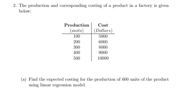 2. The production and corresponding costing of a product in a factory is given
below:
Production Cost
(units)
(Dollars)
100
5000
200
6000
300
8000
400
9000
500
10000
(a) Find the expected costing for the production of 600 units of the product
using linear regression model.