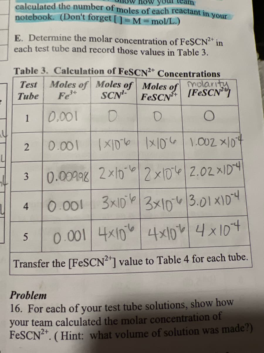 ?
all
team
calculated the number of moles of each reactant in your
notebook. (Don't forget [] = M = mol/L.)
E. Determine the molar concentration of FeSCN2+ in
each test tube and record those values in Table 3.
Table 3. Calculation of FeSCN2+ Concentrations
Test Moles of Moles of Moles of
molarity
Fe³+
Tube
SCN¹- FeSCN2+ [FeSCN²
0.001
O
O
O
0.001
1×106 1×1061.002 x104
0.00998 2x10 2x104 2.02x104
0.001 3x10
3x104 3.01 ×10-4
0.001 4x10 4x10 4x104
Transfer the [FeSCN2+] value to Table 4 for each tube.
1
2
3
4
5
Problem
16. For each of your test tube solutions, show how
your team calculated the molar concentration of
FeSCN²+. (Hint: what volume of solution was made?)
