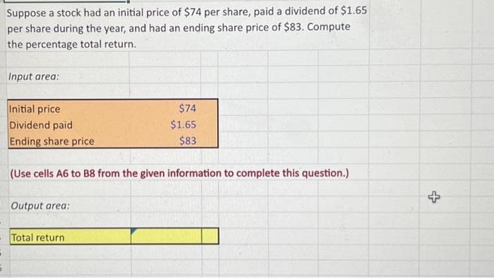 Suppose a stock had an initial price of $74 per share, paid a dividend of $1.65
per share during the year, and had an ending share price of $83. Compute
the percentage total return.
5
Input area:
Initial price
Dividend paid
Ending share price
(Use cells A6 to B8 from the given information to complete this question.)
Output area:
•
- Total return
$74
$1.65
$83
+