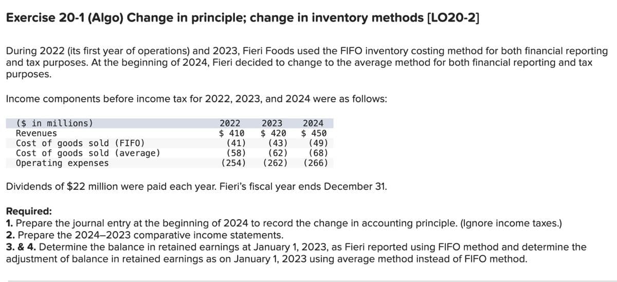 Exercise 20-1 (Algo) Change in principle; change in inventory methods [LO20-2]
During 2022 (its first year of operations) and 2023, Fieri Foods used the FIFO inventory costing method for both financial reporting
and tax purposes. At the beginning of 2024, Fieri decided to change to the average method for both financial reporting and tax
purposes.
Income components before income tax for 2022, 2023, and 2024 were as follows:
($ in millions)
Revenues
2022
2023
$410
$ 420
(41)
(43)
(58)
(62)
(254) (262)
Dividends of $22 million were paid each year. Fieri's fiscal year ends December 31.
Required:
1. Prepare the journal entry at the beginning of 2024 to record the change in accounting principle. (Ignore income taxes.)
2. Prepare the 2024-2023 comparative income statements.
Cost of goods sold (FIFO)
Cost of goods sold (average)
Operating expenses
2024
$ 450
(49)
(68)
(266)
3. & 4. Determine the balance in retained earnings at January 1, 2023, as Fieri reported using FIFO method and determine the
adjustment of balance in retained earnings as on January 1, 2023 using average method instead of FIFO method.