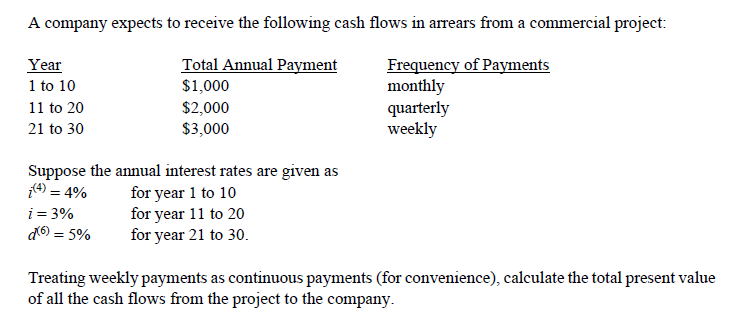 A company expects to receive the following cash flows in arrears from a commercial project:
Year
Total Annual Payment
Frequency of Payments
1 to 10
$1,000
monthly
quarterly
11 to 20
$2,000
21 to 30
$3,000
weekly
Suppose the annual interest rates are given as
(4) = 4%
for year 1 to 10
i = 3%
for year 11 to 20
d(6) = 5%
for year 21 to 30.
Treating weekly payments as continuous payments (for convenience), calculate the total present value
of all the cash flows from the project to the company.