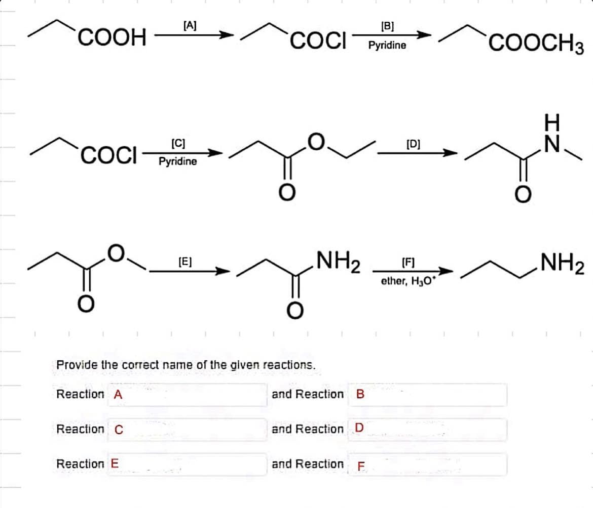 COOH
[C]
COCI Pyridine
Reaction A
[A]
Reaction C
Reaction E
[E]
Provide the correct name of the given reactions.
[B]
COCI Pyridine
NH₂
and Reaction B
and Reaction D
and Reaction F
[D]
[F]
ether, H₂O*
COOCH3
IZ
NH₂