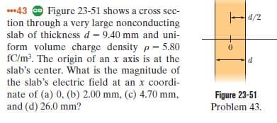 043 Go Figure 23-51 shows a cross sec-
tion through a very large nonconducting
slab of thickness d = 9.40 mm and uni-
form volume charge density p= 5.80
fC/m?. The origin of an x axis is at the
slab's center. What is the magnitude of
-d/2
the slab's electric field at an x coordi-
nate of (a) 0, (b) 2.00 mm, (c) 4.70 mm,
and (d) 26.0 mm?
Figure 23-51
Problem 43.
