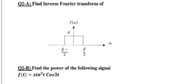 Q2-A) Find Inverse Fourier transform of
f(w)
B-
Q2-B) Find the power of the following signal
S(t) = sin?t Cos3t
%3D

