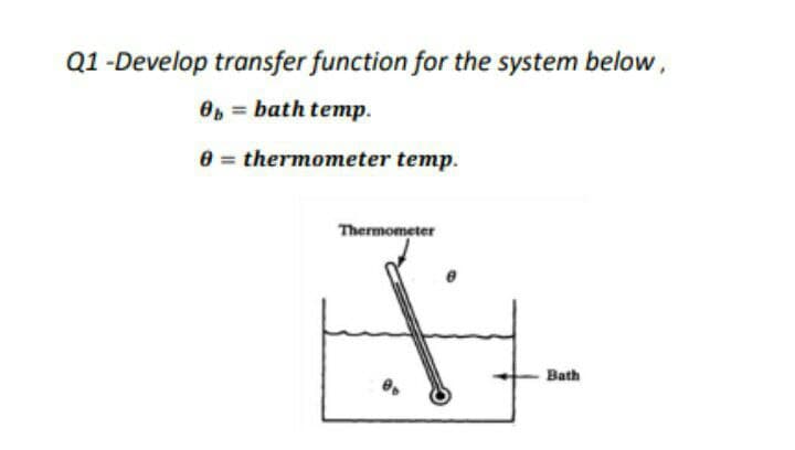 Q1 -Develop transfer function for the system below,
O = bath temp.
e = thermometer temp.
Thermometer
Bath
