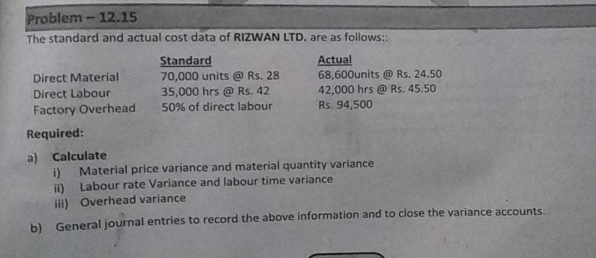 Problem-12.15
The standard and actual cost data of RIZWAN LTD. are as follows::
Standard
70,000 units @ Rs. 28
35,000 hrs @ Rs. 42
Actual
68,600units @ Rs. 24.50
42,000 hrs @ Rs. 45.50
Rs. 94,500
Direct Material
Direct Labour
Factory Overhead
50% of direct labour
Required:
a) Calculate
Material price variance and material quantity variance
Labour rate Variance and labour time variance
ii)
iii) Overhead variance
b) General journal entries to record the above information and to close the variance accounts.
