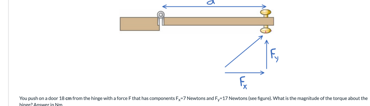 O
F
You push on a door 18 cm from the hinge with a force F that has components Fx=7 Newtons and Fy=17 Newtons (see figure). What is the magnitude of the torque about the
hinge? Answer in Nm.