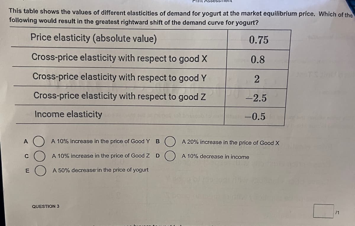 This table shows the values of different elasticities of demand for yogurt at the market equilibrium price. Which of the
following would result in the greatest rightward shift of the demand curve for yogurt?
Price elasticity (absolute value)
0.75
0.8
2
-2.5
-0.5
A
C
E
Print Assess
Cross-price elasticity with respect to good X
Cross-price elasticity with respect to good Y
Cross-price elasticity with respect to good Z
Income elasticity a
A 10% increase in the price of Good Y
B
A 10% increase in the price of Good Z D
A 50% decrease in the price of yogurt
QUESTION 3
A 20% increase in the price of Good X
A 10% decrease in income
into
/1