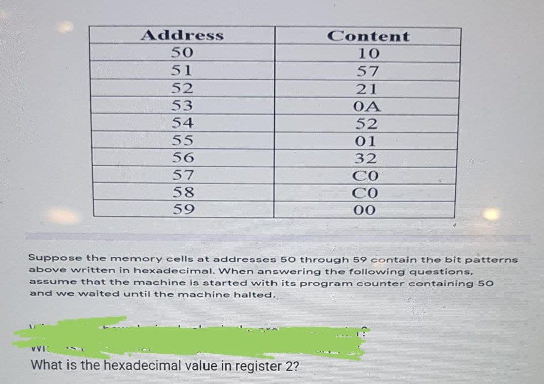 Address
Content
50
10
51
57
52
53
21
ОА
54
52
55
01
56
32
57
58
59
00
Suppose the memory cells at addresses 50 through 59 contain the bit patterns
above written in hexadecimal. When answering the following questions,
assume that the machine is started with its program counter containing 50
and we waited until the machine halted.
VVI
What is the hexadecimal value in register 2?
