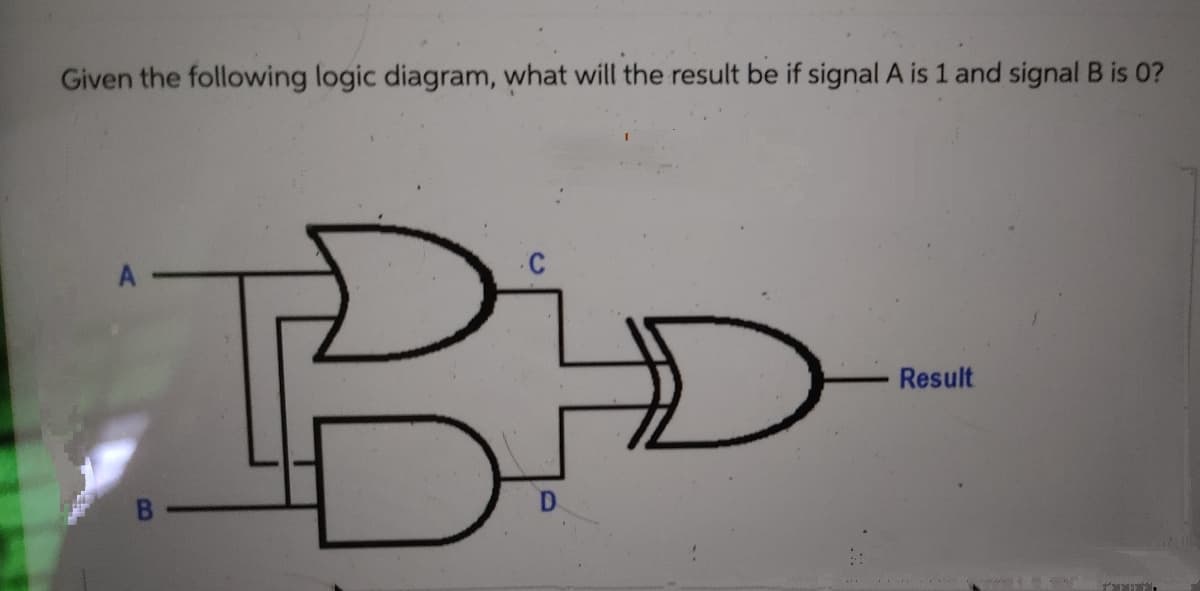 Given the following logic diagram, what will the result be if signal A is 1 and signal B is 0?
B
2.
Result
THERE