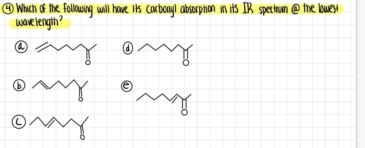 O Which of the following will have Its carbonyl absorption in its IR spectrum @ the lowest
wave length?
a)
ay ony
