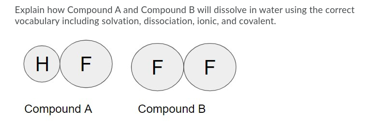 Explain how Compound A and Compound B will dissolve in water using the correct
vocabulary including solvation, dissociation, ionic, and covalent.
H
F F
Compound A
Compound B

