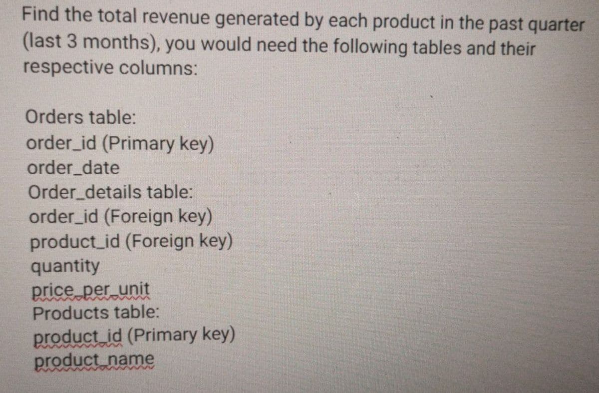 Find the total revenue generated by each product in the past quarter
(last 3 months), you would need the following tables and their
respective columns:
Orders table:
order_id (Primary key)
order_date
Order_details table:
order_id (Foreign key)
product_id (Foreign key)
quantity
price per unit
Products table:
product_id (Primary key)
product_name