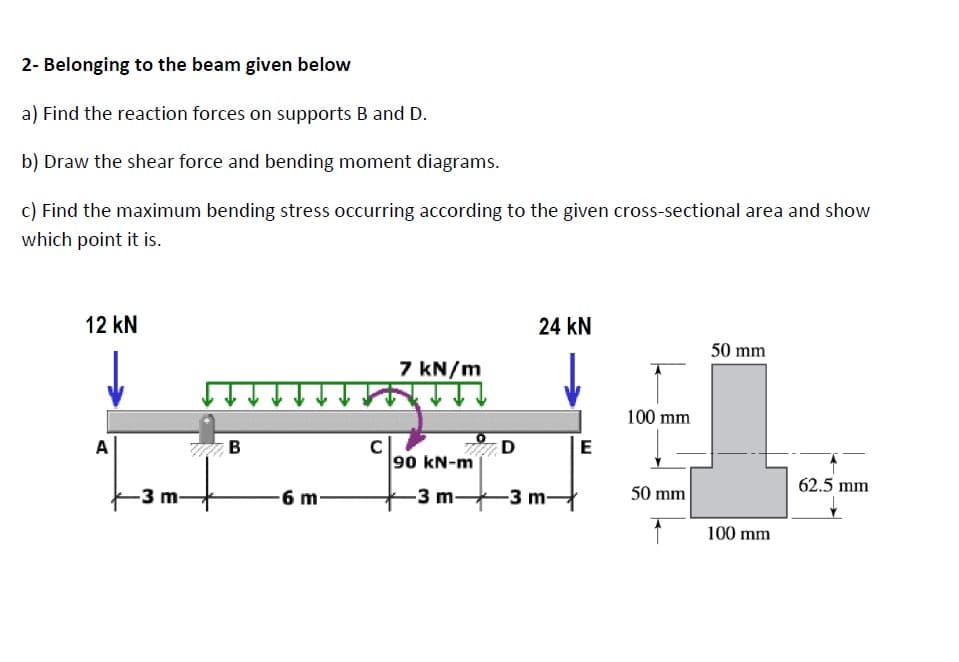 2- Belonging to the beam given below
a) Find the reaction forces on supports B and D.
b) Draw the shear force and bending moment diagrams.
c) Find the maximum bending stress occurring according to the given cross-sectional area and show
which point it is.
12 kN
24 kN
50 mm
7 kN/m
100 mm
A
B
E
90 kN-m
62.5 mm
-3 m
-6 m-
-3 m-
-3 m
50 mm
100 mm

