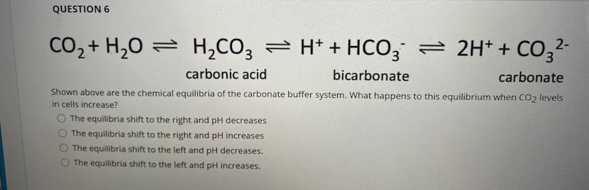 QUESTION 6
CO2 + H,0
= H,CO3 = H* + HCO, = 2H* + CO,2-
carbonic acid
bicarbonate
carbonate
Shown above are the chemical equilibria of the carbonate buffer system. What happens to this equilibrium when CO2 levels
in cells increase?
The equilibria shift to the right and pH decreases
The equilibria shift to the right and pH increases
The equilibria shift to the left and pH decreases.
The equilibria shift to the left and pH increases.
