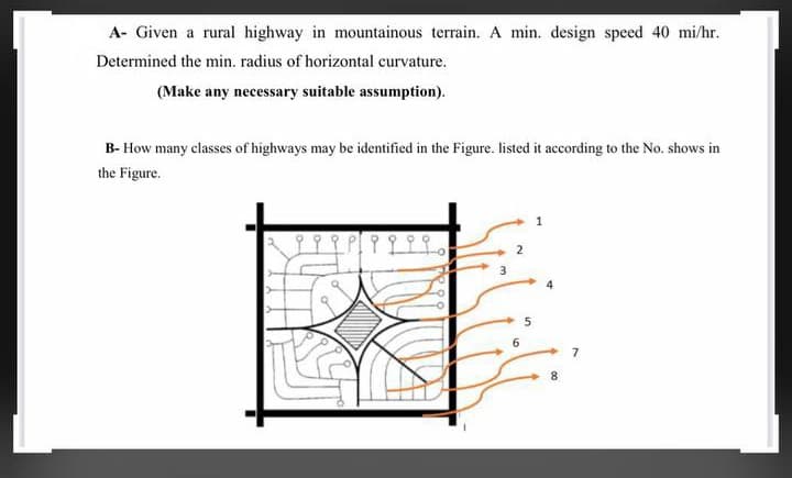 A- Given a rural highway in mountainous terrain. A min. design speed 40 mi/hr.
Determined the min. radius of horizontal curvature.
(Make any necessary suitable assumption).
B- How many classes of highways may be identified in the Figure. listed it according to the No. shows in
the Figure.
8.

