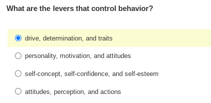 What are the levers that control behavior?
drive, determination, and traits
O personality, motivation, and attitudes
self-concept, self-confidence, and self-esteem
O attitudes, perception, and actions