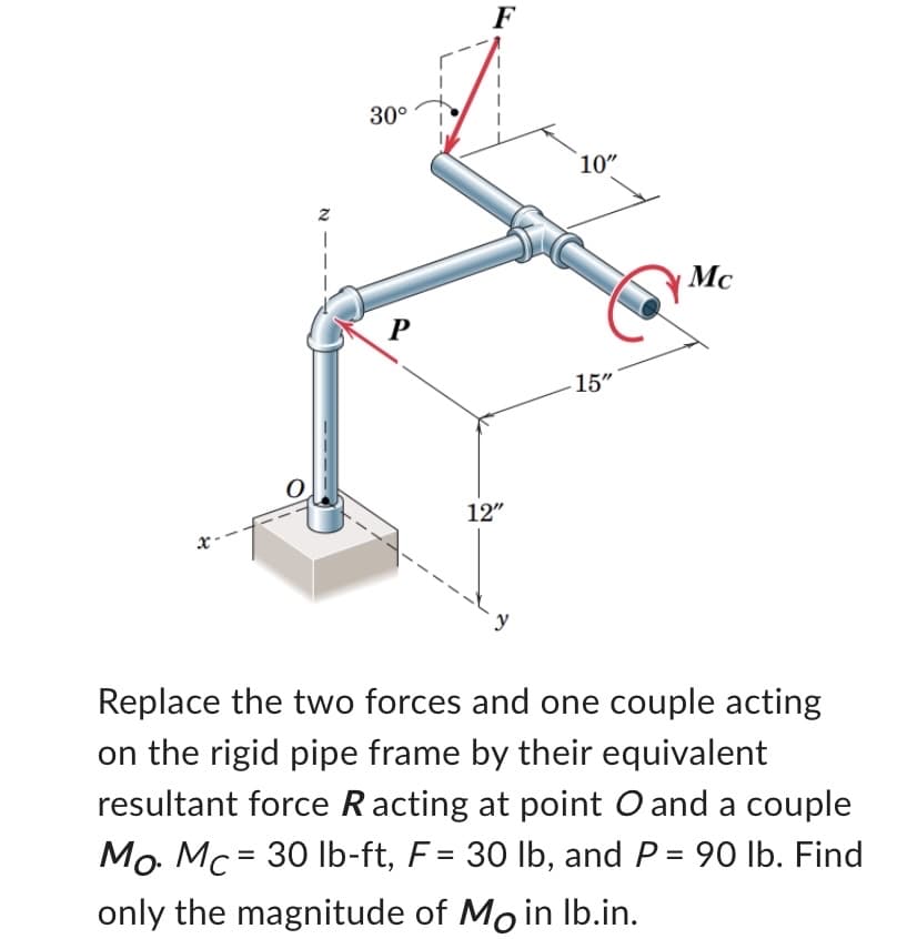 O
N
30°
P
F
12"
10"
-15"
Mc
Replace the two forces and one couple acting
on the rigid pipe frame by their equivalent
resultant force Racting at point O and a couple
Mo. Mc = 30 lb-ft, F = 30 lb, and P = 90 lb. Find
only the magnitude of Mo in lb.in.