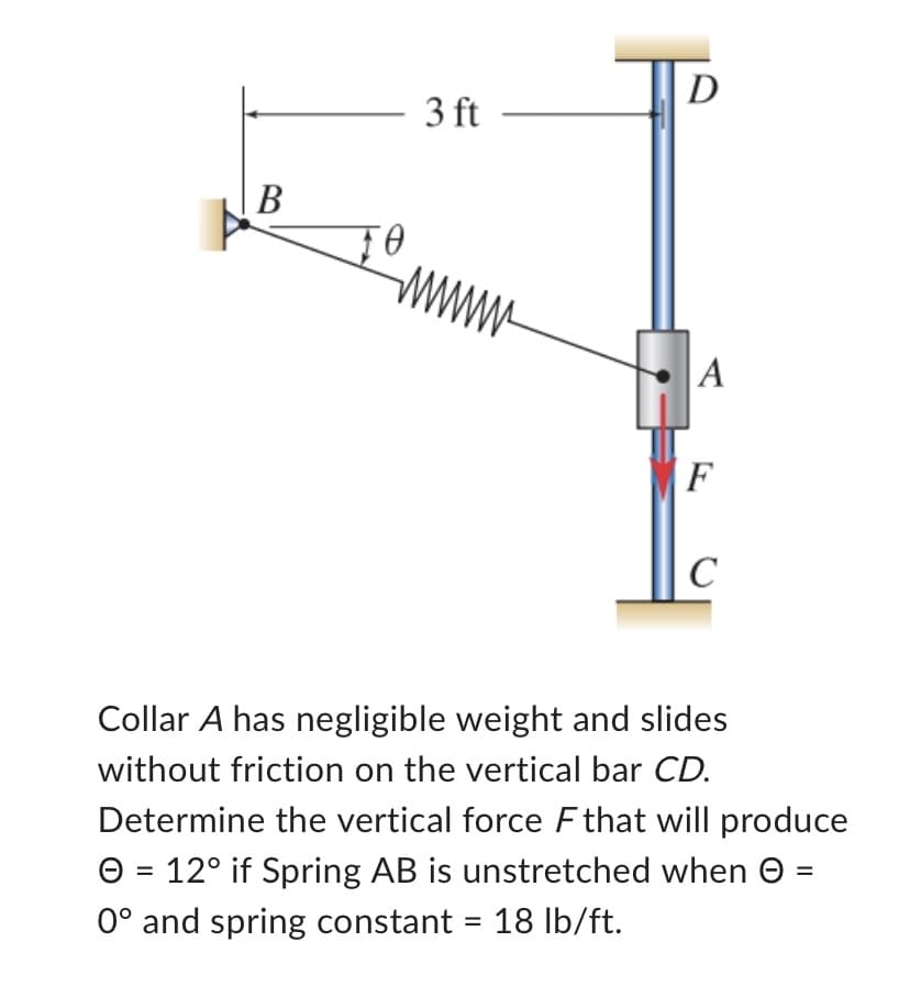 B
3 ft
wwwwwww
D
A
F
C
Collar A has negligible weight and slides
without friction on the vertical bar CD.
Determine the vertical force F that will produce
Ⓒ = 12° if Spring AB is unstretched when =
0° and spring constant = 18 lb/ft.
