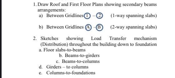 1.Draw Roof and First Floor Plans showing secondary beams
arrangements:
a) Between Gridlines( -
(1-way spanning slabs)
b) Between Gridlines AB
(2-way spanning slabs)
2. Sketches showing Load Transfer mechanism
(Distribution) throughout the building down to foundation
a. Floor slabs-to-beams
b. Beams-to-girders
c. Beams-to-columns
d. Girders - to columns
Columns-to-foundations
e.
