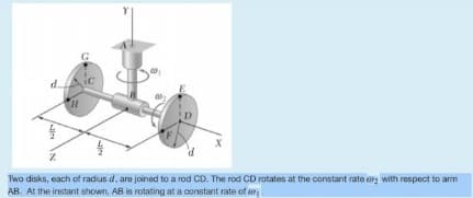 dic
Two disks, each of radius d, are joined to a rod CD. The rod CD rotates at the constant rate ar2 with respect to arm
AB. At the instant shown, AB is rotating at a constant rate of a
