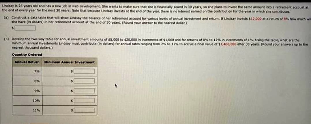 Lindsay is 25 years old and has a new job in web development. She wants to make sure that she is financially sound in 30 years, so she plans to invest the same amount into a retirement account at
the end of every year for the next 30 years. Note that because Lindsay invests at the end of the year, there is no interest earned on the contribution for the year i which she contributes.
(a) Construct a data table that will show Lindsay the balance of her retirement account for various levels of annual investment and return. If Lindsay invests $12,000 at a return of 81% how much will
she have (in dollars) in her retirement account at the end of 30 years. (Round your answer to the nearest dollar)
$
(b) Develop the two-way table for annual investment amounts of $5,000 to $20,000 in increments of $1,000 and for returns of 0% to 12% in increments of 1%. Using the table, what are the
minimum annual investments Lindsay must contribute (in dollars) for annual rates ranging from 7% to 11% to accrue a final value of $1,400,000 after 30 years. (Round your answers up to the
nearest thousand dollars.)
Quantity Ordered
Annual Return Minimum Annual Investment
7%
8%
996
10%
11%
S
$
$
$
$