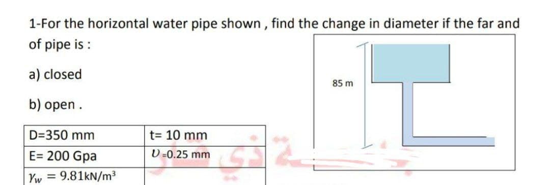 1-For the horizontal water pipe shown , find the change in diameter if the far and
of pipe is :
a) closed
85 m
b) open .
D=350 mm
t= 10 mm
E= 200 Gpa
U =0.25 mm
Yw = 9.81kN/m3
