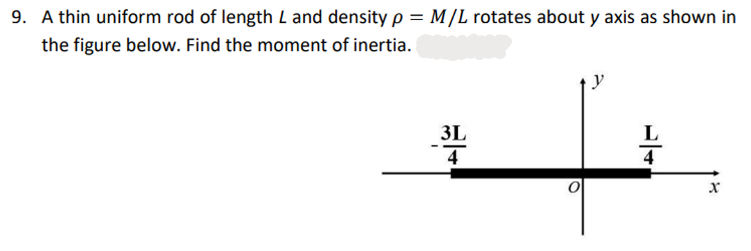 9. A thin uniform rod of length L and density p = M/L rotates about y axis as shown in
the figure below. Find the moment of inertia.
3L
4
O
y
L
X