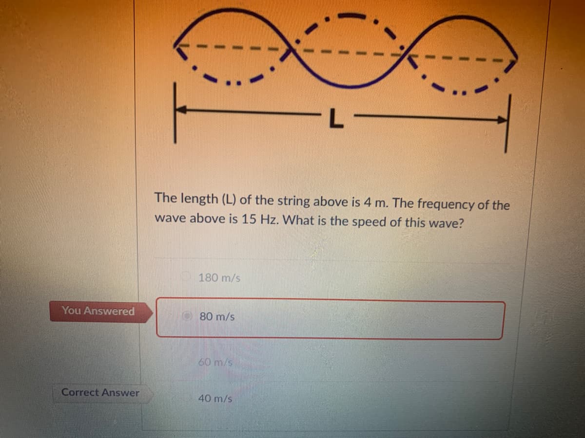 The length (L) of the string above is 4 m. The frequency of the
wave above is 15 Hz. What is the speed of this wave?
180 m/s
You Answered
80 m/s
60 m/s
Correct Answer
40 m/s

