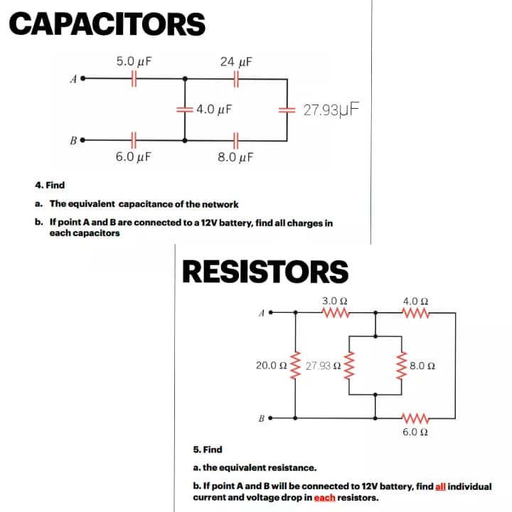 CAPACITORS
5.0 µF
24 µF
4.0 μ
27.93UF
6.0 μF
8.0 μ
4. Find
a. The equivalent capacitance of the network
b. If point A and B are connected to a 12V battery, find all charges in
each capacitors
RESISTORS
3.0 Ω
4.0 2
27.93 n3
8.0 2
20.0 2
6.0 2
5. Find
a. the equivalent resistance.
b. If point A and Bwill be connected to 12V battery, find all individual
current and voltage drop in each resistors.
ww
