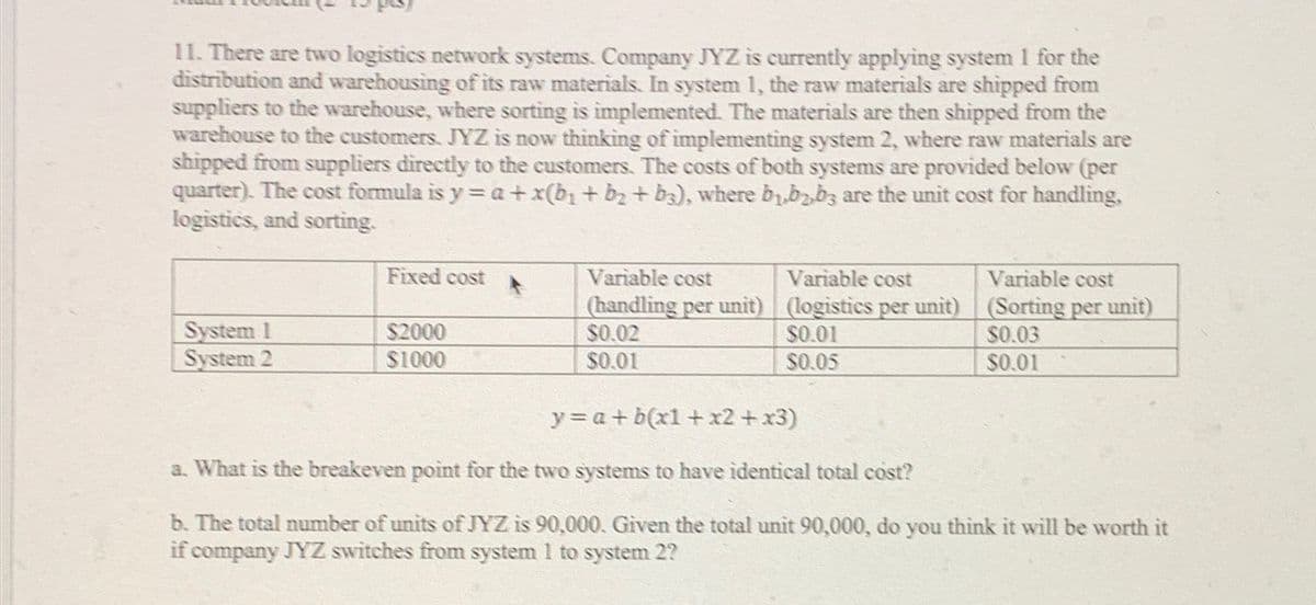 11. There are two logistics network systems. Company JYZ is currently applying system 1 for the
distribution and warehousing of its raw materials. In system 1, the raw materials are shipped from
suppliers to the warehouse, where sorting is implemented. The materials are then shipped from the
warehouse to the customers. JYZ is now thinking of implementing system 2, where raw materials are
shipped from suppliers directly to the customers. The costs of both systems are provided below (per
quarter). The cost formula is y=a+x(b₁ + b₂ + b3), where b₁,b2b3 are the unit cost for handling,
logistics, and sorting.
System 1
System 2
Fixed cost
$2000
Variable cost
Variable cost
Variable cost
(handling per unit) (logistics per unit) (Sorting per unit)
$0.02
$0.01
$0.03
$0.01
$0.01
$0.05
y = a + b(x1+x2+x3)
a. What is the breakeven point for the two systems to have identical total cost?
b. The total number of units of JYZ is 90,000. Given the total unit 90,000, do you think it will be worth it
if company JYZ switches from system 1 to system 2?