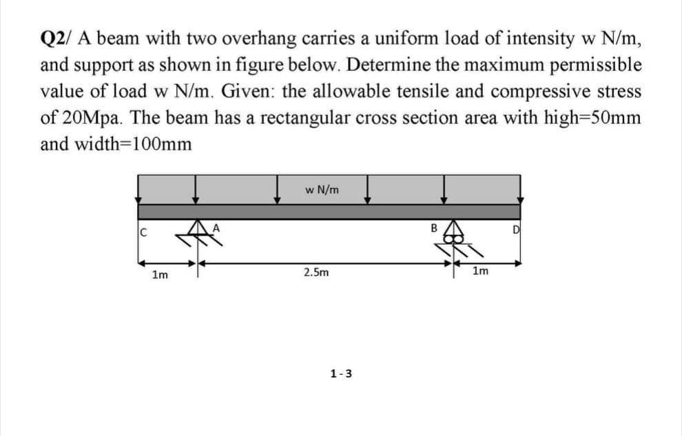 Q2/ A beam with two overhang carries a uniform load of intensity w N/m,
and support as shown in figure below. Determine the maximum permissible
value of load w N/m. Given: the allowable tensile and compressive stress
of 20Mpa. The beam has a rectangular cross section area with high-50mm
and width=100mm
1m
w N/m
2.5m
1-3
B
1m