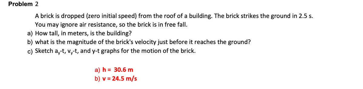 Problem 2
A brick is dropped (zero initial speed) from the roof of a building. The brick strikes the ground in 2.5 s.
You may ignore air resistance, so the brick is in free fall.
a) How tall, in meters, is the building?
b) what is the magnitude of the brick's velocity just before it reaches the ground?
c) Sketch a,-t, v,-t, and y-t graphs for the motion of the brick.
a) h = 30.6 m
b) v = 24.5 m/s
