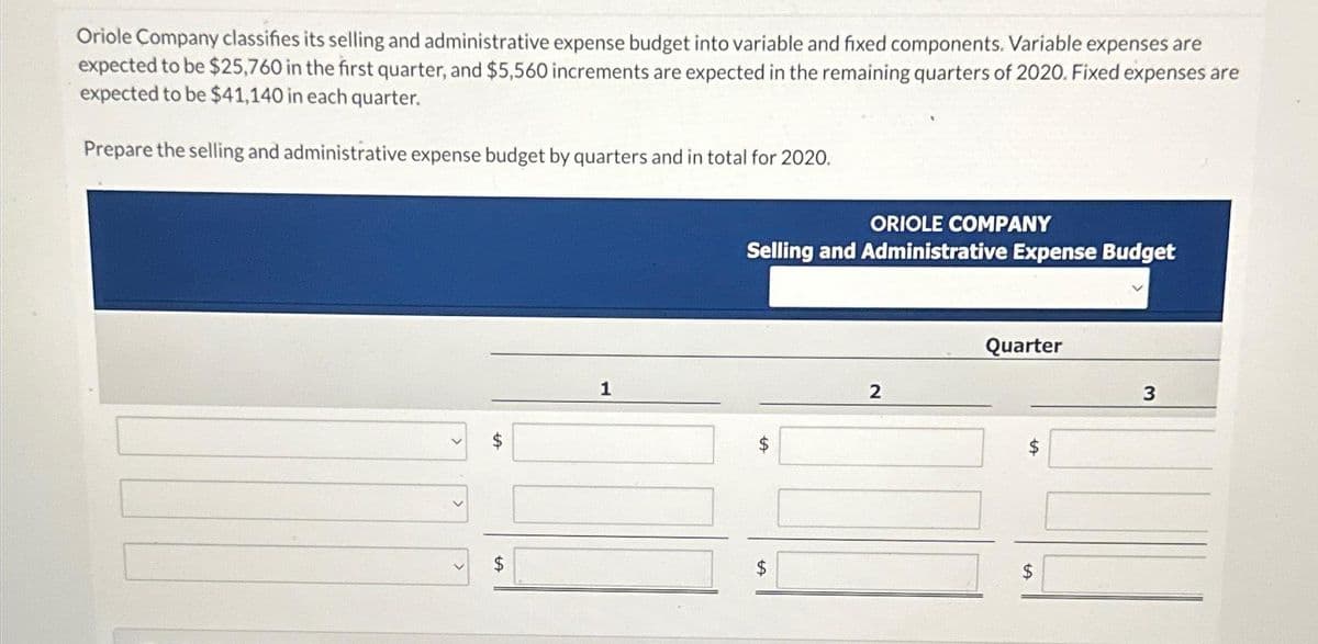 Oriole Company classifies its selling and administrative expense budget into variable and fixed components. Variable expenses are
expected to be $25,760 in the first quarter, and $5,560 increments are expected in the remaining quarters of 2020. Fixed expenses are
expected to be $41,140 in each quarter.
Prepare the selling and administrative expense budget by quarters and in total for 2020.
LA
$
1
ORIOLE COMPANY
Selling and Administrative Expense Budget
$
2
Quarter
$
3