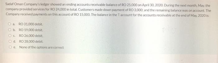Sadaf Oman Company's ledger showed an ending accounts receivable balance of RO 25,000 on April 30, 2020. During the next month, May, the
company provided services for RO 24,000 in total. Customers made down payment of RO 3,000; and the remaining balance was on account. The
Company received payments on this account of RO 15.000. The balance in the T-account for the accounts receivable at the end of May, 2020 is:
O a. RO 31,000 debit.
O b. RO 19,000 debit.
O. RO 26,000 debit.
O d. RO 28,000 debit.
O e. None of the options are correct
