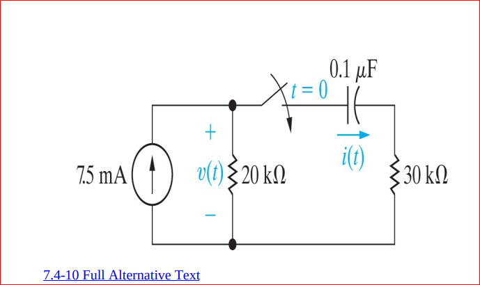 0.1 µF
(t = 0
v(t){ 20 k2
i(t)
30 kN
7.5 mA
7.4-10 Full Alternative Text
