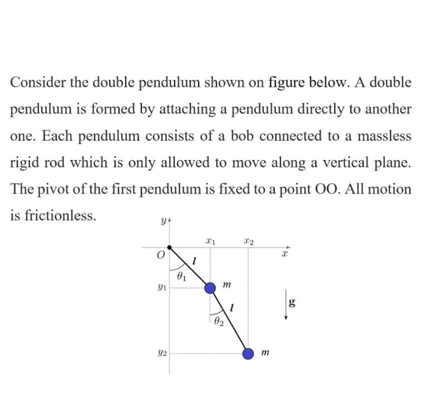 Consider the double pendulum shown on figure below. A double
pendulum is formed by attaching a pendulum directly to another
one. Each pendulum consists of a bob connected to a massless
rigid rod which is only allowed to move along a vertical plane.
The pivot of the first pendulum is fixed to a point OO. All motion
is frictionless.
X2
m
g
02
m
