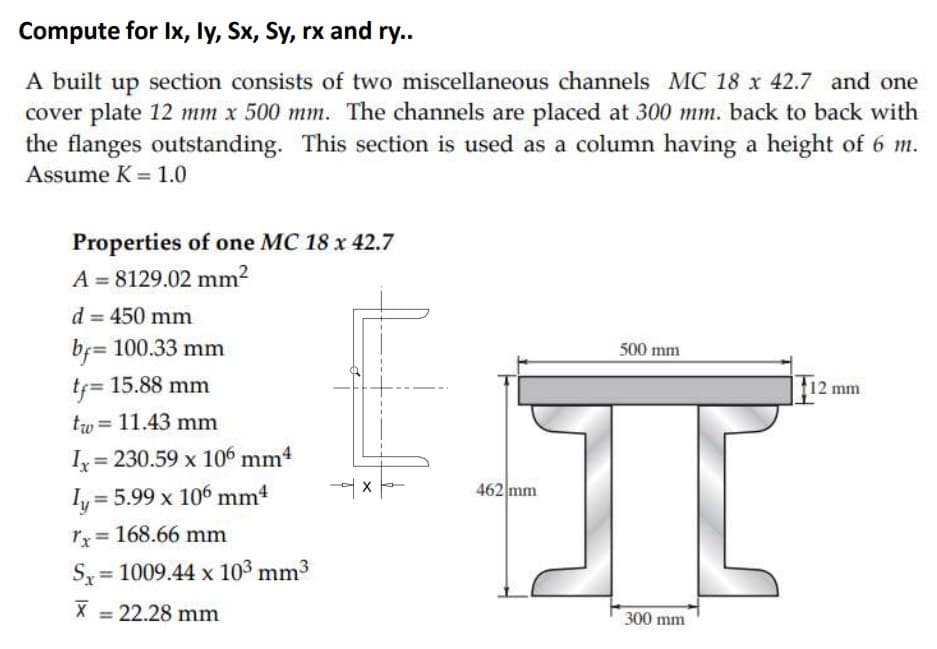 Compute for Ix, ly, Sx, Sy, rx and ry..
A built up section consists of two miscellaneous channels MC 18 x 42.7 and one
cover plate 12 mm x 500 mm. The channels are placed at 300 mm. back to back with
the flanges outstanding. This section is used as a column having a height of 6 m.
Assume K = 1.0
Properties of one MC 18 x 42.7
A = 8129.02 mm²
d = 450 mm
bf= 100.33 mm
tf = 15.88 mm
tw 11.43 mm
=
= 230.59 x 106 mm4
= 5.99 x 106 mm4
Tx=168.66 mm
Sy=1009.44 x 10³ mm³
X = 22.28 mm
x
462 mm
500 mm
300 mm
121
12 mm
