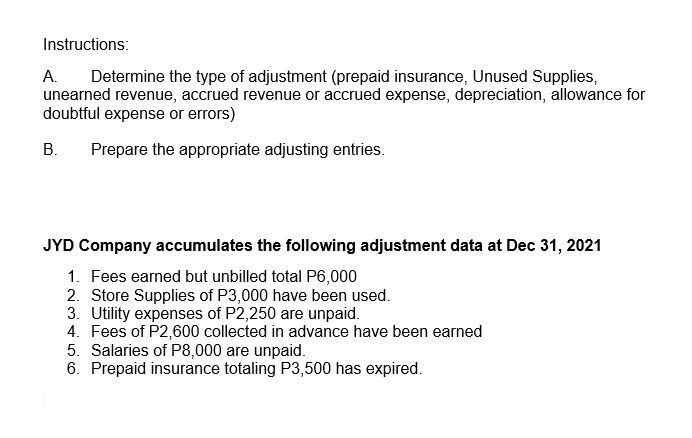 Instructions:
A.
unearned revenue, accrued revenue or accrued expense, depreciation, allowance for
doubtful expense or errors)
Determine the type of adjustment (prepaid insurance, Unused Supplies,
В.
Prepare the appropriate adjusting entries.
JYD Company accumulates the following adjustment data at Dec 31, 2021
1. Fees earned but unbilled total P6,000
2. Store Supplies of P3,000 have been used.
3. Utility expenses of P2,250 are unpaid.
4. Fees of P2,600 collected in advance have been earned
5. Salaries of P8,000 are unpaid.
6. Prepaid insurance totaling P3,500 has expired.
