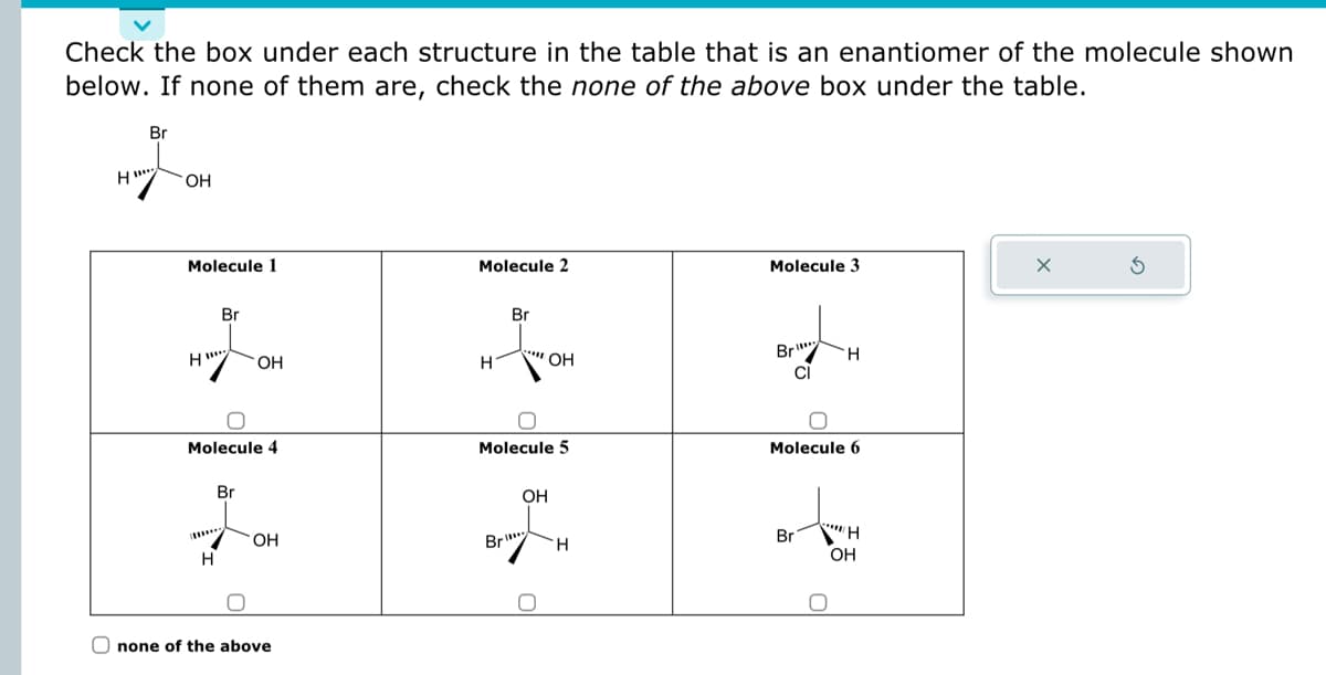 Check the box under each structure in the table that is an enantiomer of the molecule shown
below. If none of them are, check the none of the above box under the table.
Br
HI!...
OH
Molecule 1
***
H"
Br
H
Molecule 4
OH
Br
OH
Onone of the above
Molecule 2
H
Br
Br
""OH
ОН
Molecule 5
OH
_
H
Molecule 3
Br
CI
H
Molecule 6
Br
H
OH
X
5