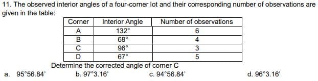 11. The observed interior angles of a four-corner lot and their corresponding number of observations are
given in the table:
Corner
Interior Angle
Number of observations
A
132°
6.
B
68°
4
96°
67°
Determine the corrected angle of comer C
c. 94°56.84'
d. 96°3.16'
a. 95°56.84'
b. 97°3.16
